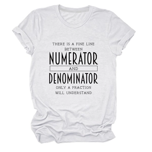 Detail of white cotton T-shirt featuring mathematical humor print and rolled sleeves