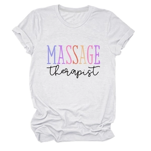 Close-up of Massage Therapist print on white cotton T-shirt with rolled-up sleeve detail