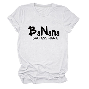 Detail of the BaNana Bad Ass Nana print on a white crew neck short sleeve cotton T-shirt