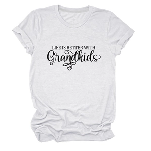 Detail of soft white cotton T-shirt featuring Life Is Better With Grandkids print