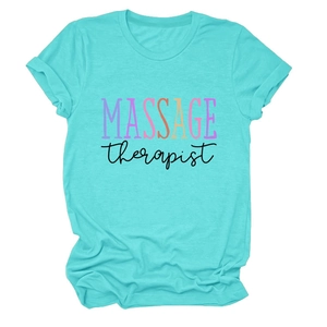 Detail view of the soft turquoise cotton t-shirt with MASSAGE therapist printed on the chest