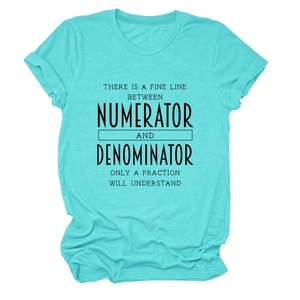 Detail of light blue crew neck T-shirt with black mathematical pun graphic print