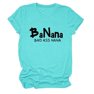 Flat lay of a turquoise round neck cotton T-shirt with BaNana Bad Ass Nana print
