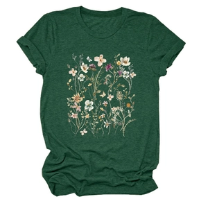Close-up of floral print and texture on a dark green crew neck short sleeve t-shirt