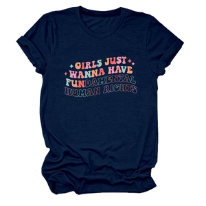 T-shirt bleu marine à col rond avec impression GIRLS JUST WANNA HAVE FUNDAMENTAL HUMAN RIGHTS