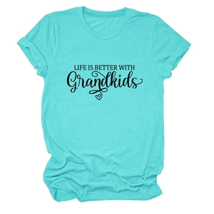 Detail of turquoise cotton T-shirt featuring Life Is Better With Grandkids printed text