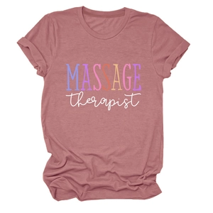 Detail of a rose pink cotton T-shirt featuring a rainbow Massage Therapist print design