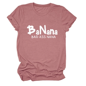Macro detail of Bad Ass Nana print on a mauve crew neck short sleeve t-shirt