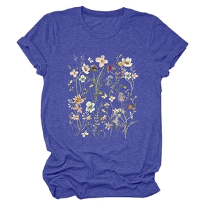 Close-up of elegant floral print and rolled cuff detail on a purple marl T-shirt