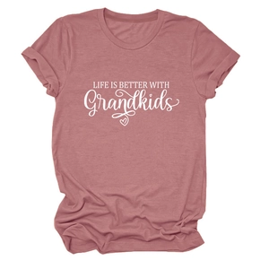 Detail view of the soft cotton fabric and LIFE IS BETTER WITH Grandkids print on T-shirt