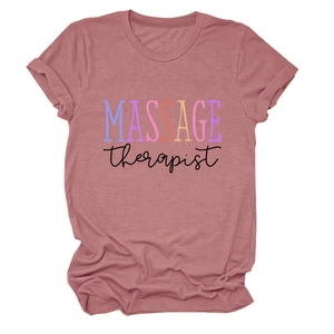 Close-up of pink Massage Therapist t-shirt showing cotton fabric and colorful print