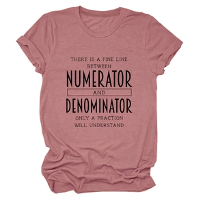 Flat lay of pink cotton T-shirt featuring black math pun print and folded sleeves