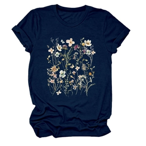 Detail of floral graphic print on navy blue round neck short sleeve cotton T-shirt