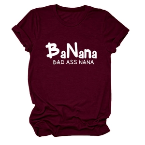 Detail of white BaNana Bad Ass Nana typography print on burgundy cotton crewneck T-shirt