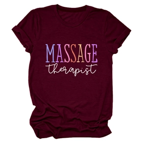Close-up of the burgundy Massage Therapist cotton t-shirt fabric and printed text