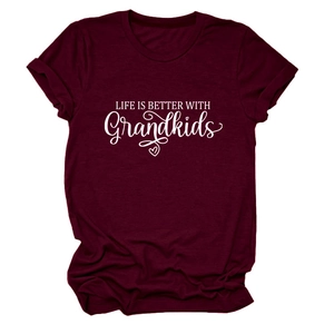 Close-up of the rolled sleeve and heart quote print on this wine red cotton t-shirt