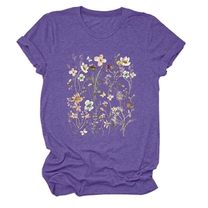 Detail of floral graphic print on purple heather cotton short sleeve T-shirt for women