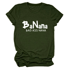 Detail of rolled cuffs and BaNana letter print on a military green crew neck T-shirt