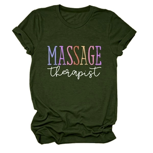 Detail of army green Massage Therapist T-shirt with multi-color graphic print