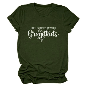 Close-up of Life is Better with Grandkids slogan printed on a green cotton t-shirt