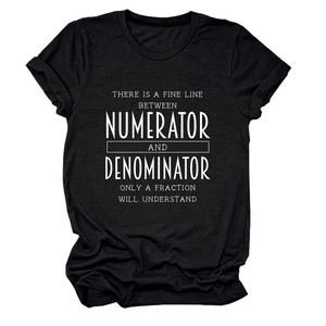 Detail of mathematical text print on black cotton crew neck short sleeve T-shirt