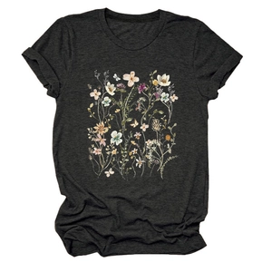 Elegant dark grey crew neck short sleeve T-shirt with a colorful wildflower floral print