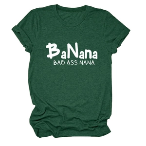 Close-up of white BaNana BAD ASS NANA text printed on a dark green marl cotton t-shirt