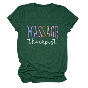 Detail of roll-up sleeves on a dark green massage therapist t-shirt with rainbow print