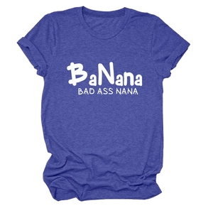 Close-up of BaNana Bad Ass Nana print on a navy blue crewneck short sleeve t-shirt