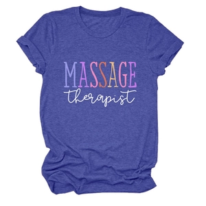Close-up of Massage Therapist text art and rolled sleeve detail on a navy cotton T-shirt
