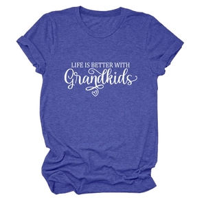 Detail of blue-purple short sleeve T-shirt with Life Is Better With Grandkids print