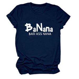 Detail of navy blue cotton T-shirt showing white BaNana Bad Ass Nana printed text graphics
