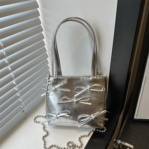 Mini Crossbody Bag Women PU Leather Handbag Dimensional Bowknot Decor Bead Chain Shoulder Strap Chic Fashionable Square Tote
