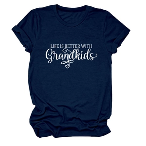 Detailed view of navy blue crew neck t-shirt with Life is better with grandkids text