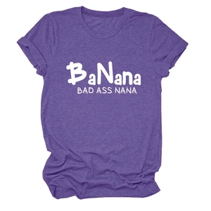Detailed view of heathered purple cotton T-shirt featuring white BaNana graphic print