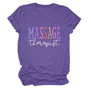 Detail of purple cotton T-shirt featuring Massage Therapist artistic print lettering