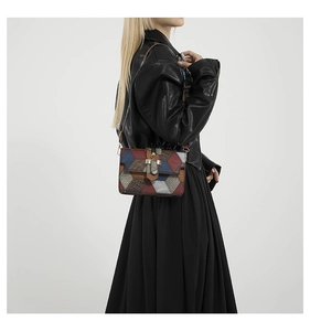 Close-up of multicolor patchwork crossbody bag with crocodile texture and gold hardware