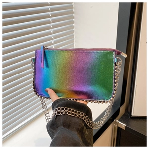 Detail of laser iridescent crossbody bag showing metallic gradient finish and bead edges