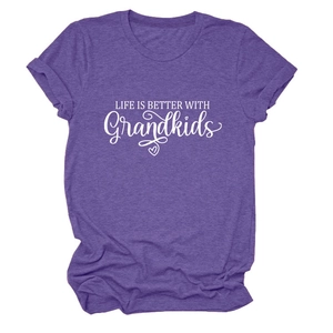 Detail of purple heather short sleeve t-shirt with Life is Better with Grandkids print