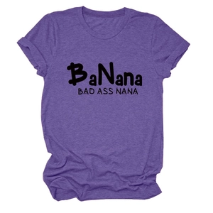 Detail of purple heather texture and Bad Ass Nana print on a women's crew neck T-shirt