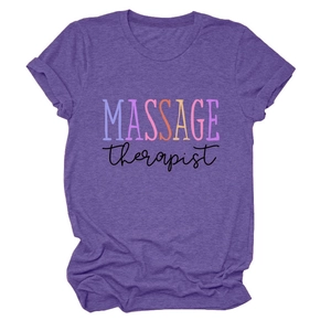 Detail view of heather purple cotton T-shirt featuring massage therapist graphic print