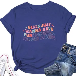 T-Shirt Femme Imprimé Lettres Droits Humains Fondamentaux Col Rond Mélange Coton Manches Courtes Haut Décontracté