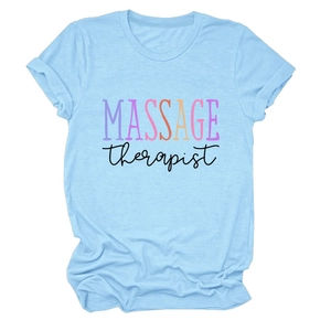 Close-up of Massage Therapist text print on light blue cotton crew neck t-shirt