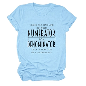 Close-up of math humor text print on light blue cotton crew neck short sleeve T-shirt