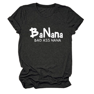Detail view of charcoal grey t-shirt with BaNana Bad Ass Nana print and cuffed sleeves