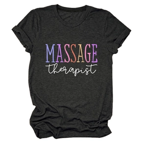 Detailed view of gray cotton t-shirt featuring colorful massage therapist graphic print