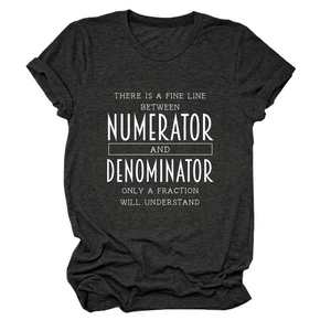 Detail of grey crewneck t-shirt with white mathematical quote print on a flat lay view