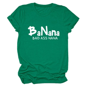 Detail of green cotton T-shirt showing soft texture and Bad Ass Nana white print
