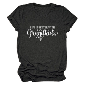 Detail of soft charcoal grey t-shirt fabric with white Life is Better with Grandkids print