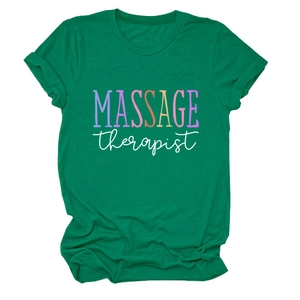 Detailed view of the forest green t-shirt with colorful Massage Therapist print